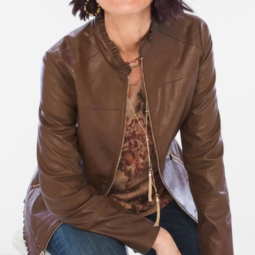 Chico's Faux Leather Moto Jacket Brown Ruffle Trim Zip Up Size 4